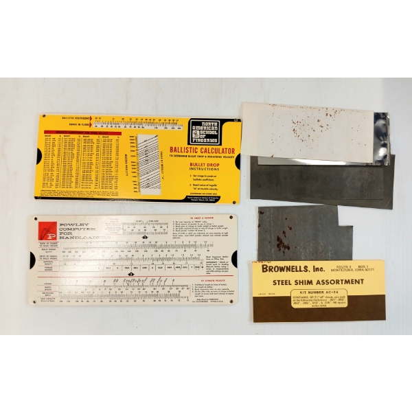 LOT OF 4 - BROWNELLS STEEL SHIM ASSORTMENT & POWLEY BALLISTICS & PSI CALCULATORS