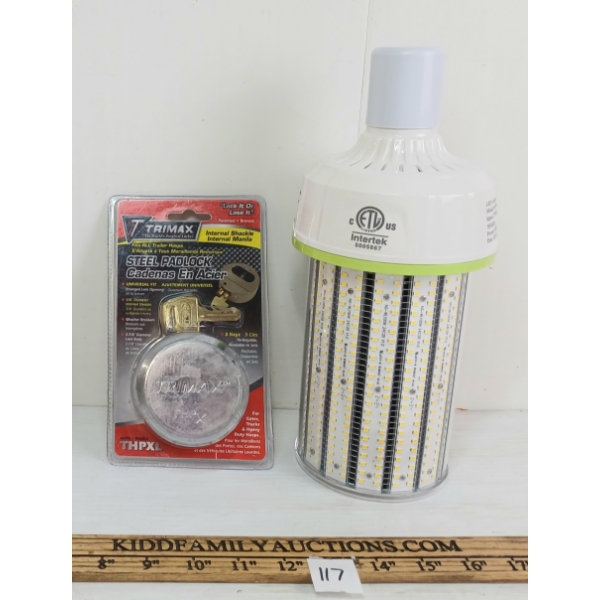 LOT OF 2 - INTERTEK LED CORN BULB & TRIMAX STEEL PADLOCK