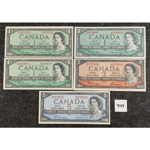 LOT OF 5 - 1954 CDN $1, 2 & 5 BANKNOTES 