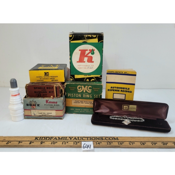 LOT OF 8 - VINTAGE AUTO PARTS, AVON CHAMPION BOTTLE & GM BRACELET - FORD, BUICK, GM, ETC