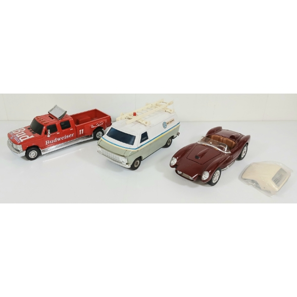 LOT OF 3 - DIECAST & TIN VEHICLES - BELL VAN & FORD BUDWEISER BANK