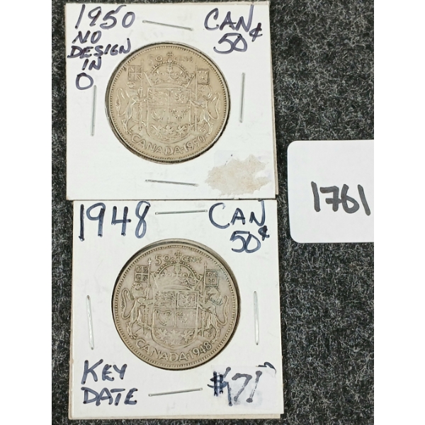 LOT OF 2 - 1948 & 1950 CDN SILVER 50 CENT COINS
