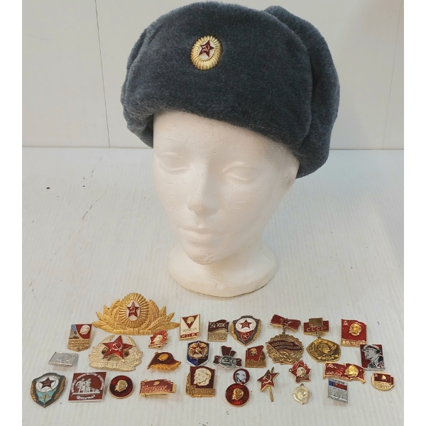 JOB LOT - SOVIET ARMY USHANKA & RUSSIAN PINS