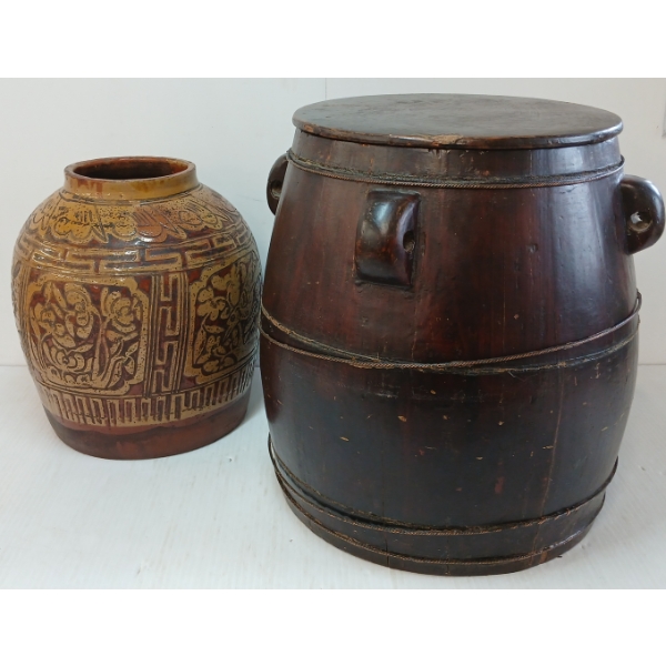 LOT OF 2 - CHINESE MARTABAN STORAGE JAR & RICE BARREL