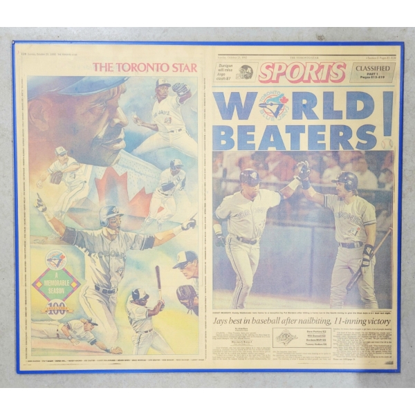 1992 "TORONTO BLUE JAYS WORLD BEATERS" - TORONTO STAR ARTICLE ON BOARD