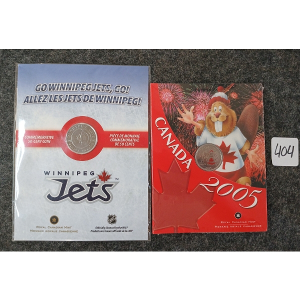 LOT OF 2 - 2005 RCM CANADA DAY 25 CENT COIN & 2012 RCM WINNIPEG JETS 50 CENT COIN