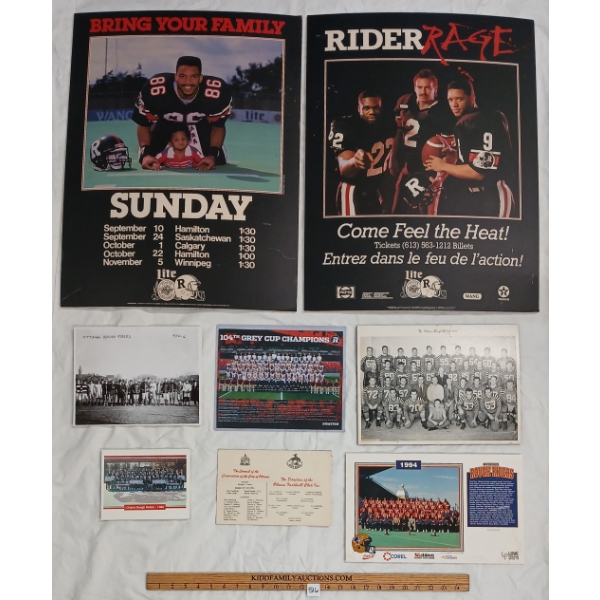 LOT OF 8 - OTTAWA ROUGH RIDERS FOOTBALL FOAM CORE SIGNS, TEAM PHOTOS & PROGRAMS