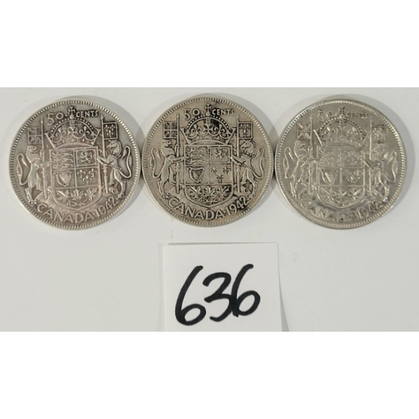 LOT OF 3 - 1942 CDN 50 CENT SILVER COINS