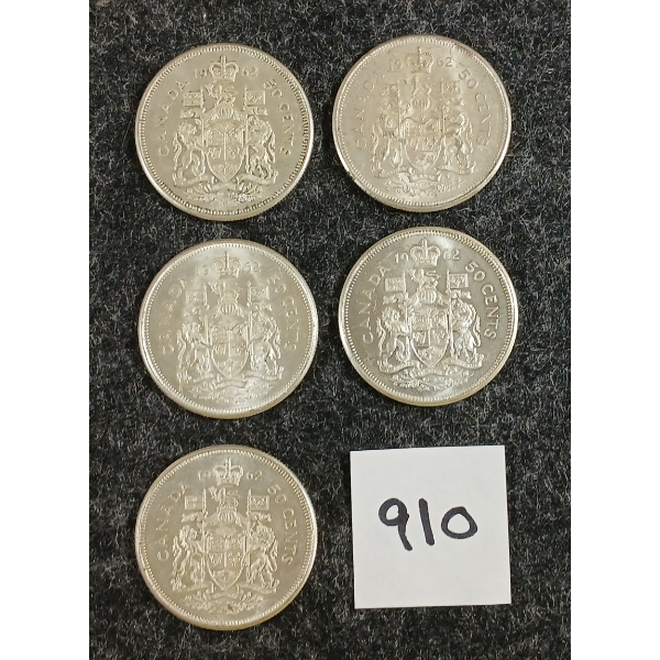 LOT OF 5 - 1962 CDN 50 CENT SILVER COINS