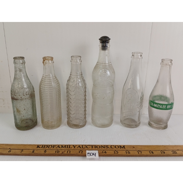LOT OF 6 - EMBOSSED SODA BOTTLES - INCL DR. PEPPER, ORANGE CRUSH, EVANGELINE, ORANGE DELIGHT, ETC