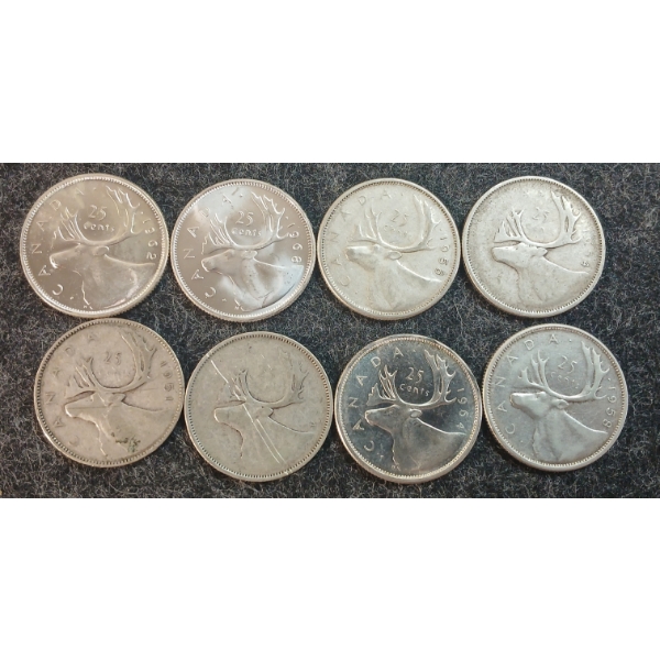 LOT OF 8 - 1951-1964 CDN 25 CENT COINS
