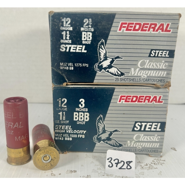 AMMO: 50X FEDERAL 12 AG 2-3/4 IN & 3 IN - #BB & #BBB STEEL