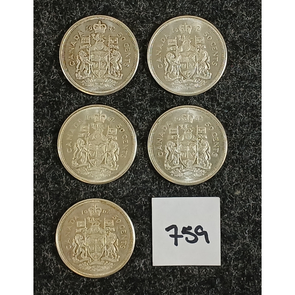 LOT OF 5 - 1962 CDN 50 CENT SILVER COINS