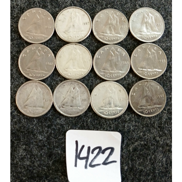 LOT OF 12 - 1947-1968 CDN 10 CENT COINS
