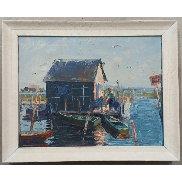 ROWBOAT DOCK - SIGNED - FRAMED OIL ON CANVAS