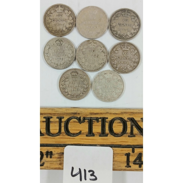 LOT OF 8 - 1882-1928 CDN SILVER 10 CENT COINS