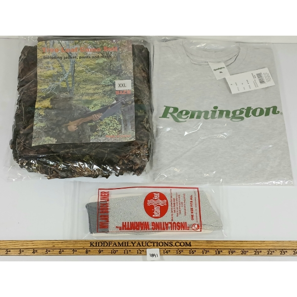 LOT OF 3 - TREE LEAF CAMO GHILLIE SUIT, REMINGTON T-SHIRT & MYLAR SOCK LINERS