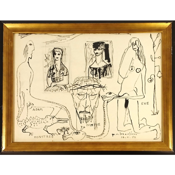 "ADAM & EVE" BY PAUL VANIER BEAULIEU - FRAMED INK ON PAPER