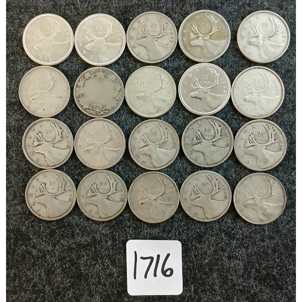 LOT OF 20 - 1939-1966 CDN 25 CENT COINS