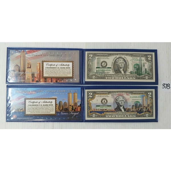 LOT OF 2 - 2001 WORLD TRADE CENTER & 2011 10TH ANNIVERSARY U.S. $2 BANKNOTES
