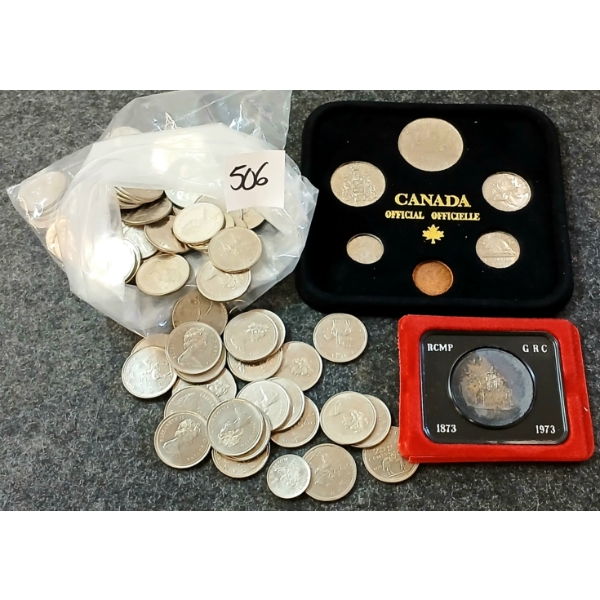 JOB LOT - 1973 RCMP DOLLAR, 1981 RCM SPECIMEN SET & CDN 5, 10, 25 & 50 CENT COINS - MIXED YEARS