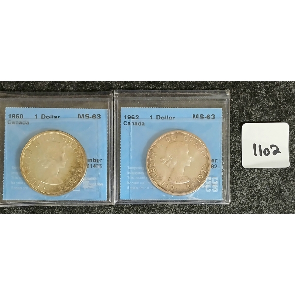 LOT OF 2 - 1960 & 1962 CDN SILVER DOLLARS - VOYAGEUR - CCCS GRADED