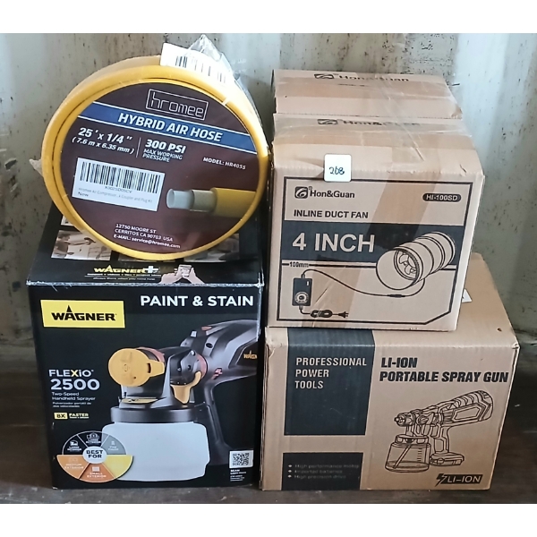 LOT OF 4 - WAGNER FLEXIO 2500, 4IN DUCT FAN, 25 X 1/4IN AIR HOSE, ETC - AS NEW