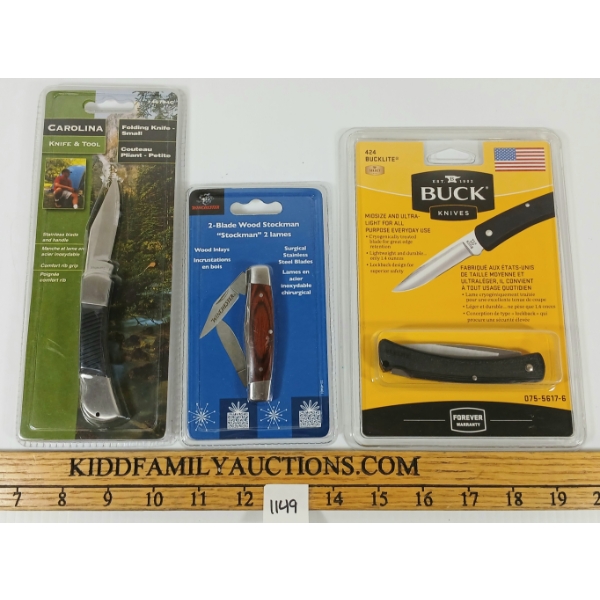 LOT OF 3 - BUCK, CAROLINA & WINCHESTER FOLDING KNIVES - SEALED
