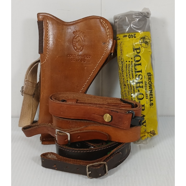 LOT OF 5 - BROWNELLS POLISH-O-RAY, RADAR LEATHER PISTOL HOLSTER & SLINGS