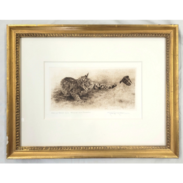 "BOBCAT AND SPARROW" BY GEORGE MCLEAN (PRS CDN ARTIST) - FRAMED ETCHING