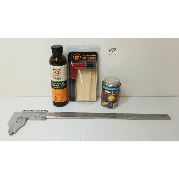 LOT OF 4 - BLACK POWDER SOLVENT, GUN JUICE, BREECH THREAD LUBE APPLICATOR & CALIPERS