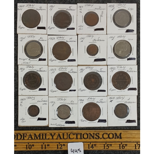 LOT OF 16 - MISC ITALIAN COINS - 1861 1 CENTESIMI, 1924 1 LIRA, ETC