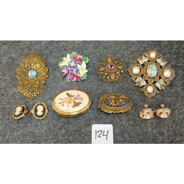 LOT OF 8 - BRASS & PORCELAIN BROOCHES & CLIP-ON EARRINGS