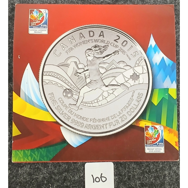 2015 RCM $20 SILVER DOLLAR - FIFA WOMEN'S WORLD CUP