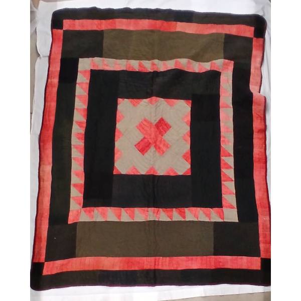 VINTAGE FLANNEL BACKED QUILT - MIXED CLOTH INCL WOOL