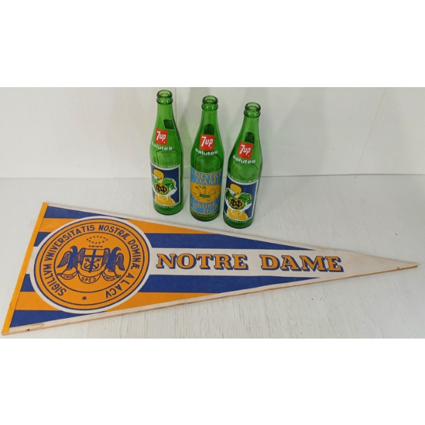 LOT OF 4 - NOTRE DAME FIGHTING IRISH COLLEGE FOOTBALL PENNANT ON BOARD & 7UP PROMO BOTTLES