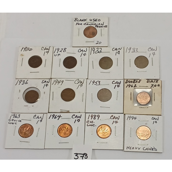 LOT OF 13 - CDN PENNIES - INCL 1920, 1928, 1933 & 1936 ETC