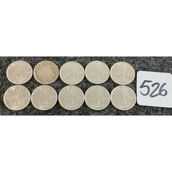LOT OF 10 - 1965 CDN 10 CENT COINS