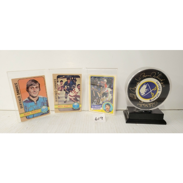  LOT OF 2 - 1980 BUFFALO FRENCH CONNECTION SIGNED PUCK & CARDS - MARTIN, PERREAULT & ROBERT