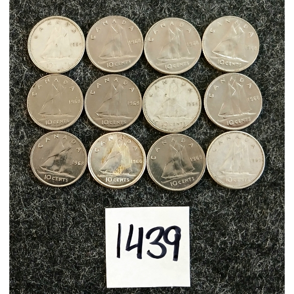 LOT OF 12 - 1960-1968 CDN 10 CENT COINS