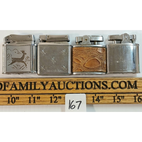 LOT OF 4 - FISHER, OMEGA & KREISLER LIGHTERS - LEATHER WRAPPED & ENGRAVED - C. 1950'S - 1960'S