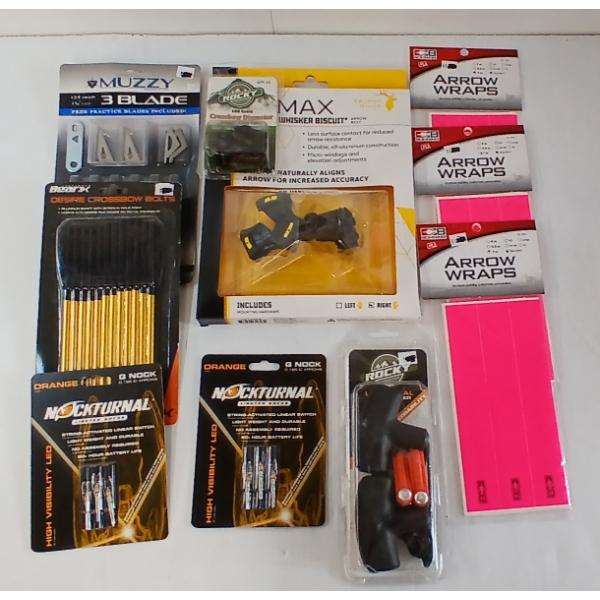 LOT OF 10 - ARCHERY - MUZZY BROADHEAD SET, CROSSBOW BOLTS, LIGHTED NOCKS, ETC - NIB