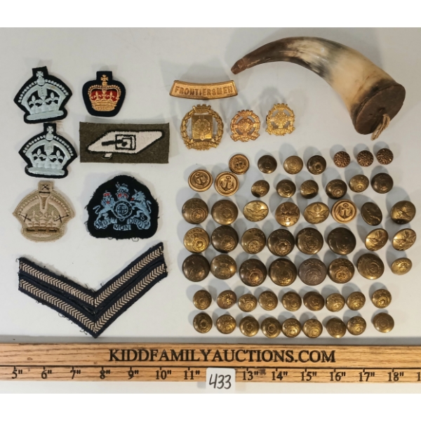 JOB LOT - CDN MILITIA BADGES & BUTTONS & POWDER HORN