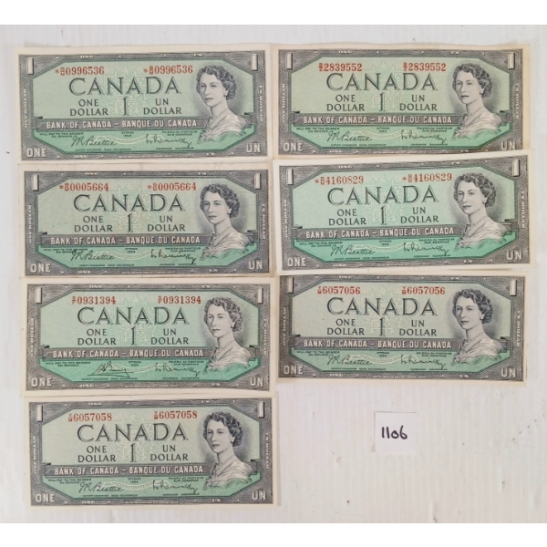LOT OF 6 - 1954 CDN $1 BANKNOTES