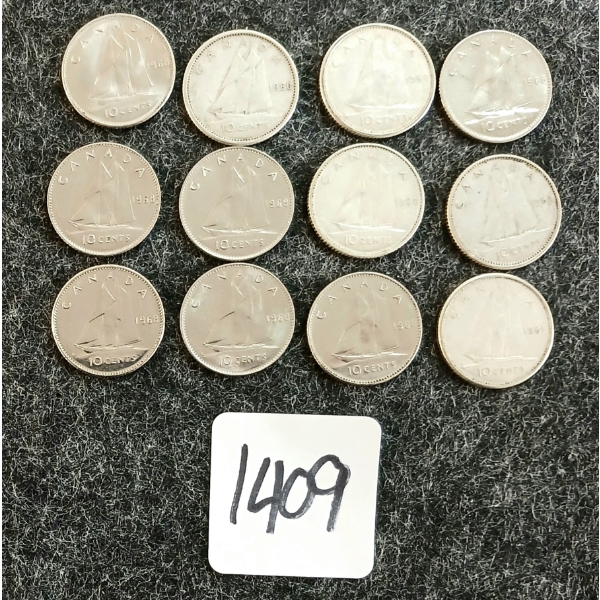 LOT OF 12 - 1960-1968 CDN 10 CENT COINS
