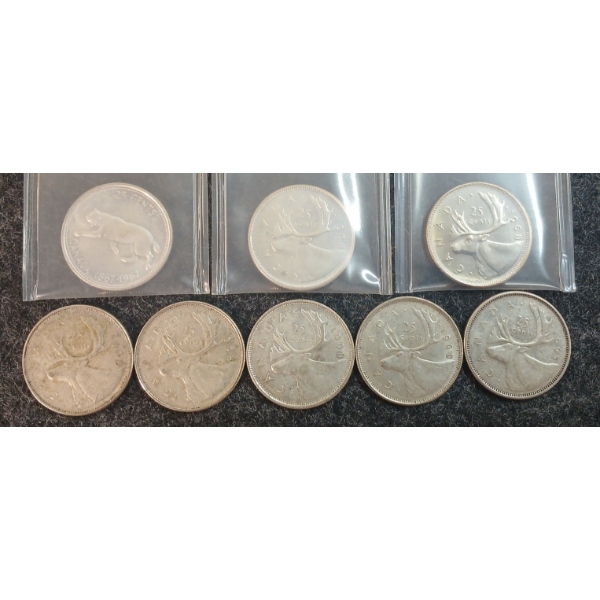 LOT OF 8 - 1965-1968 CDN 25 CENT COINS