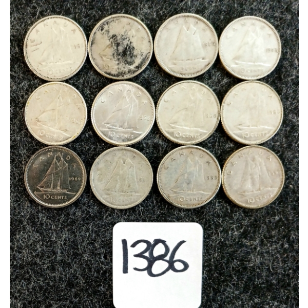LOT OF 12 - 1947-1969 CDN 10 CENT COINS