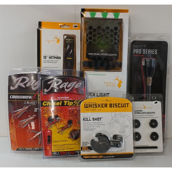 LOT OF 7 - TROPHY RIDGE HEX LIGHT, 10IN HITMAN, WHISKER BISCUIT, ETC - NIB