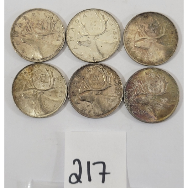 LOT OF 6 - 1941-1953 CDN SILVER 25 CENT PCS