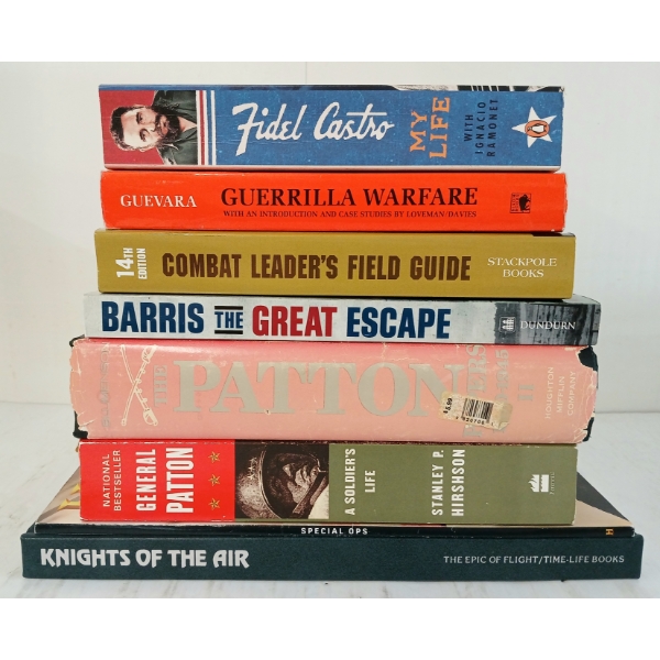 LOT OF 8 - MIXED MILITARY BOOKS - "FIDEL CASTRO", "THE GREAT ESCAPE", "KNIGHTS OF THE AIR", ETC